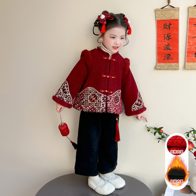 拜年服女童加绒汉服套装冬装女宝喜庆过年衣服儿童礼服国风演出服