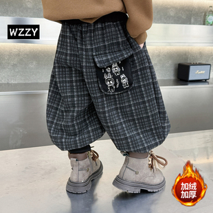 男童加绒裤子痞帅束脚灯笼裤2025新款冬季儿童韩版休闲格子裤男宝