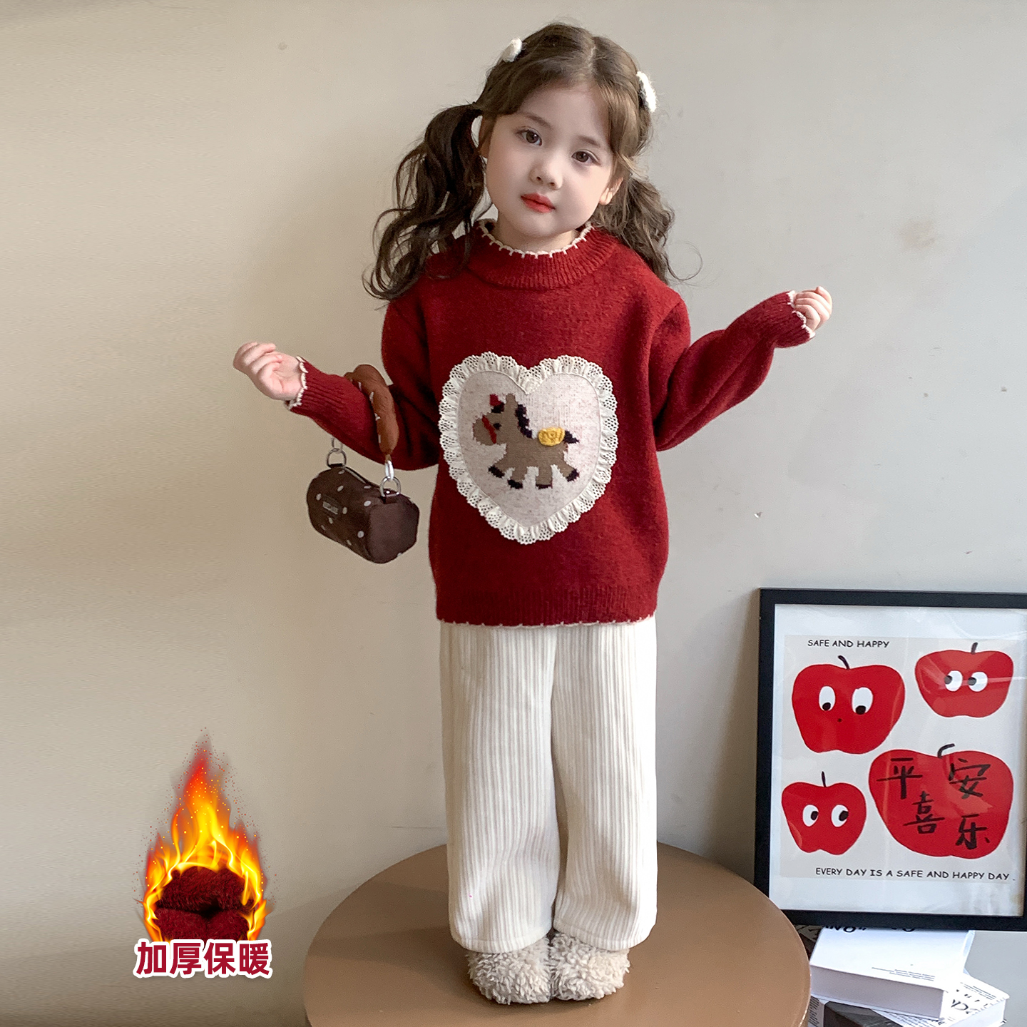 女童红色加绒毛衣秋冬款小女孩加厚针织衫儿童冬装打底毛线衣内搭