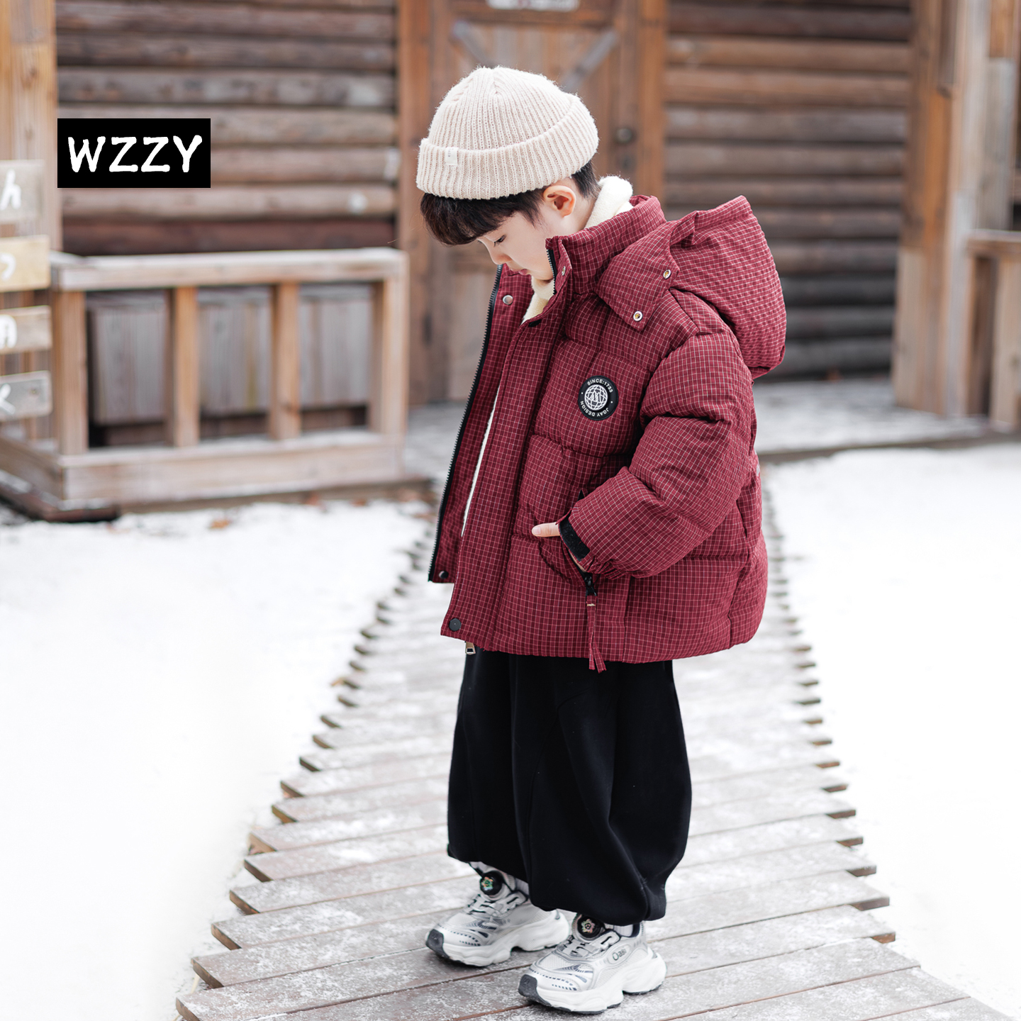 男童冬装格子棉服免洗外套儿童加厚保暖羽绒棉衣小男孩韩版面包服