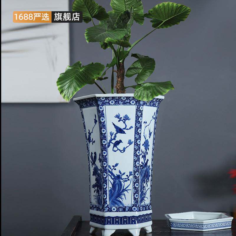 景德镇手绘青花陶瓷六方兰花花盆大号盆景带托盘植物花箱艺术盆栽