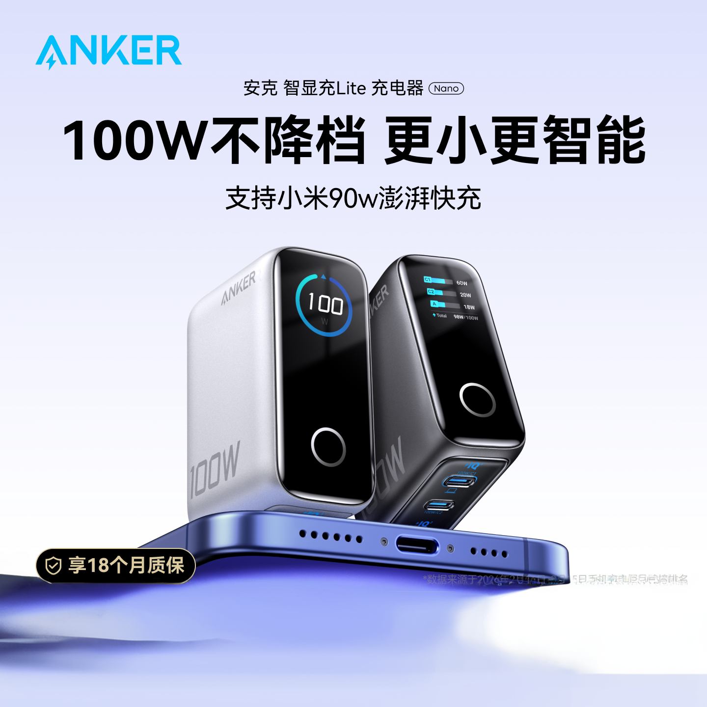 Anker安克100W智显充Lite氮化镓充电器适配小米90w多口快充头iPhone17macbook笔记本华为安卓手机平板电脑
