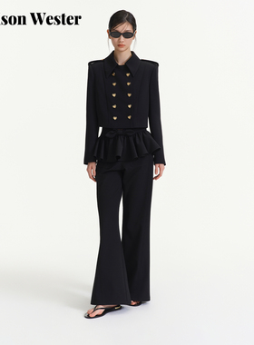 Maison Wester2025年冬季新品千金风荷叶摆裤子修身黑色阔腿长裤