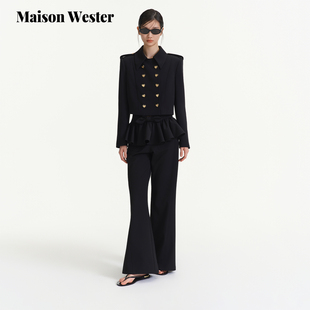 Wester2025年冬季 黑色阔腿长裤 新品 子修身 千金风荷叶摆裤 Maison