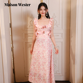 Maison Wester夏季 流行度假风肌理印花露背荷叶边长裙可露丽穿搭