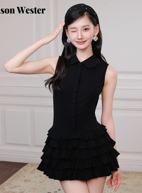 Maison Wester2025夏季新款设计感衬衫领蛋糕裙摆黑色无袖连衣裙
