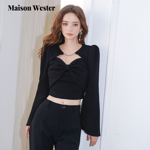 优雅镂空设计蝴蝶结微喇黑色款 新品 小上衣 Wester2025秋季 Maison