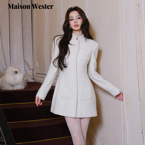 Maison Wester2025冬季新品千金风气质米白外套立领蕾丝中长外套
