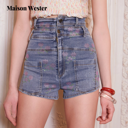 Maison Wester2026夏新品浅蓝高腰闪片碎花甜酷牛仔短裤