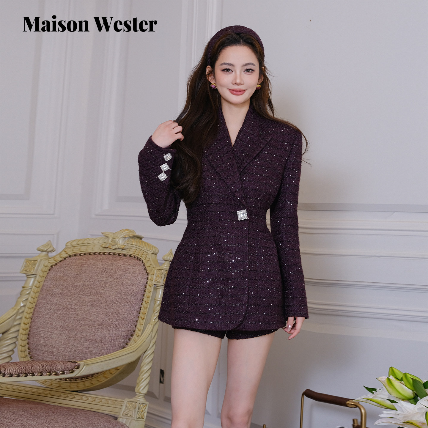 Maison Wester2025年冬季新品千金风亮片高级感外套气质黑短裤女,女装/女士精品,时尚套装,淘宝优惠券,粉丝福利购,淘宝优惠卷