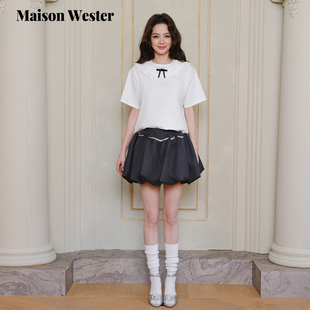 白色蕾丝黑蝴蝶结T恤短袖 新品 上衣 Wester2025年冬季 Maison