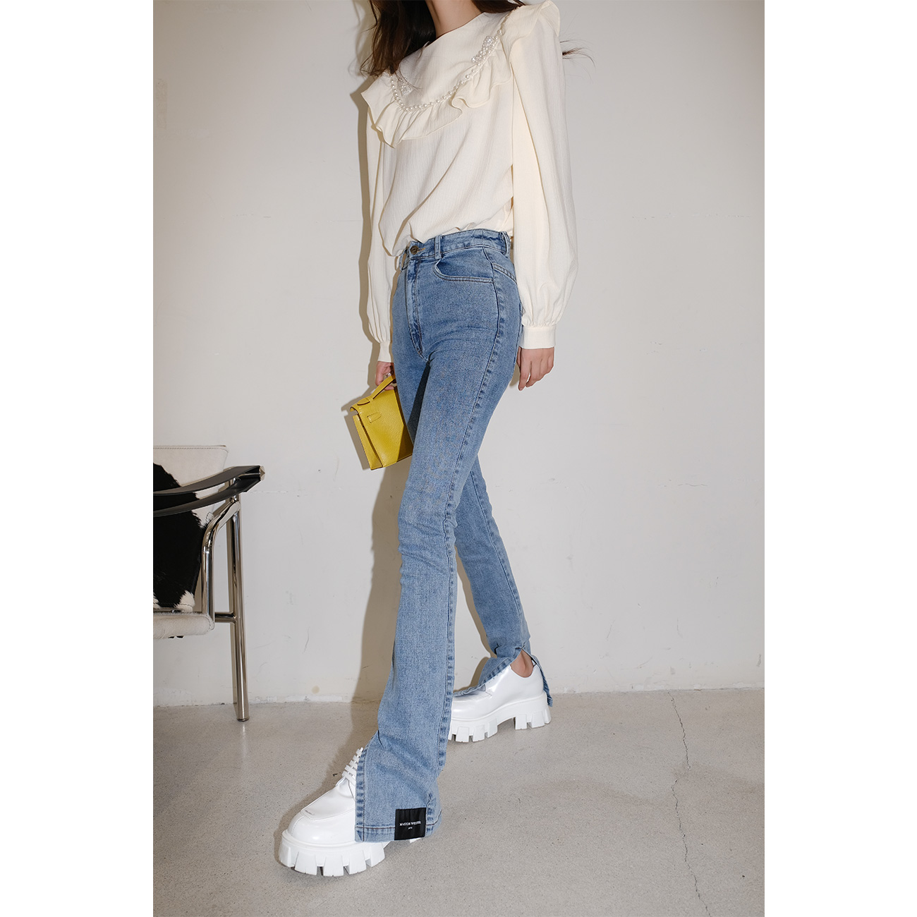 Maison Wester春季开叉牛仔裤直筒裤蓝色修身显瘦可露丽穿搭