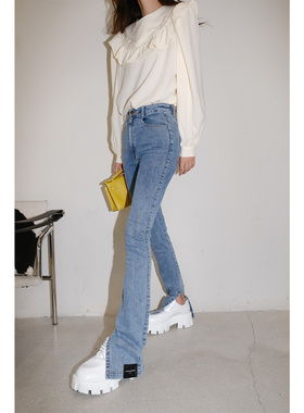 Maison Wester春季开叉牛仔裤直筒裤蓝色修身显瘦可露丽穿搭