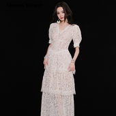 Maison 多层连衣裙 白色蕾丝V领泡泡袖 Wester2025夏季 新款