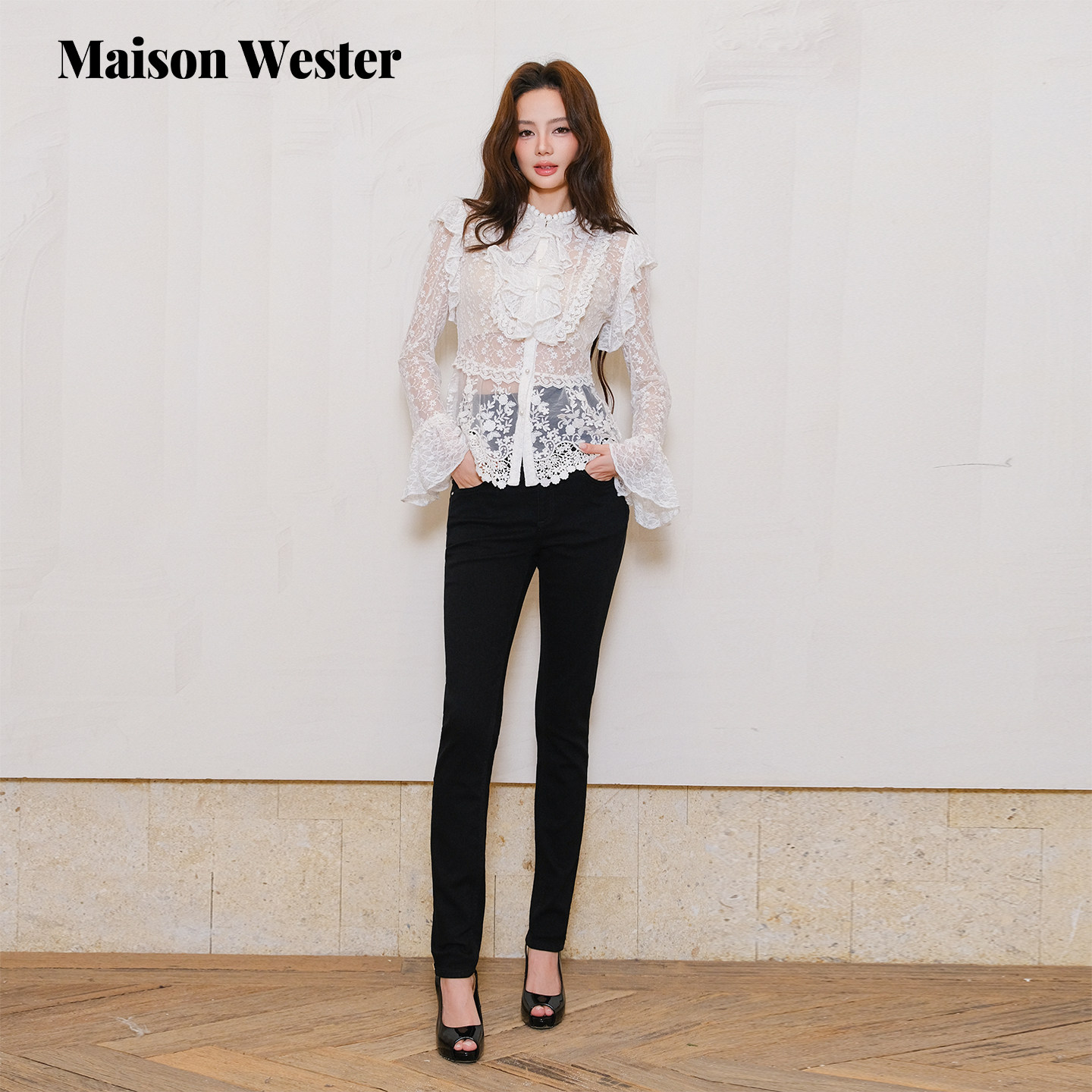 Maison Wester春季新品千金风气质束腰显瘦裤子修身牛仔小脚长裤