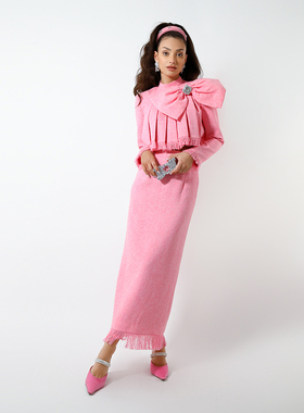 Maison Wester秋季唐嫣同款流行粉色蝴蝶结上衣直筒裙可露丽穿搭