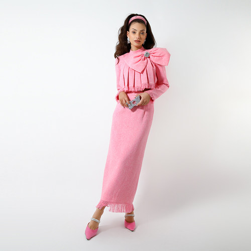 Maison Wester秋季唐嫣同款流行粉色蝴蝶结上衣直筒裙可露丽穿搭