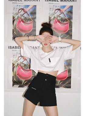 Maison Wester夏季黑色双腰自然高腰牛仔短裤简约时髦盐系短裤