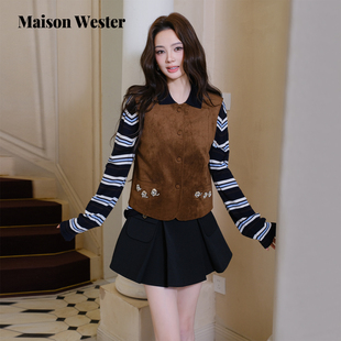 千金风圆领纽扣背心复古气质棕色马甲 新品 Maison Wester2025冬季