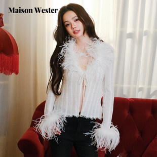 口羽毛针织开衫 Maison 拼接工艺领口袖 新品 Wester2025年秋季