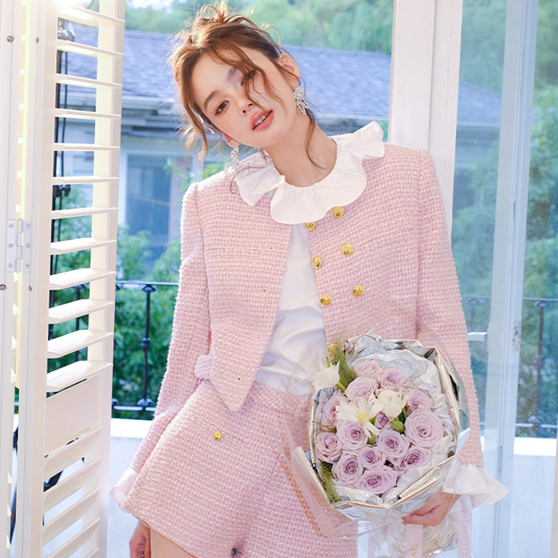 Maison Wester秋季官方粗花呢双排扣短外套短裤两件套可露丽穿搭