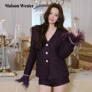 亮片小香风优雅V领驼鸟毛装 新品 饰呢外套 Wester2025年冬季 Maison