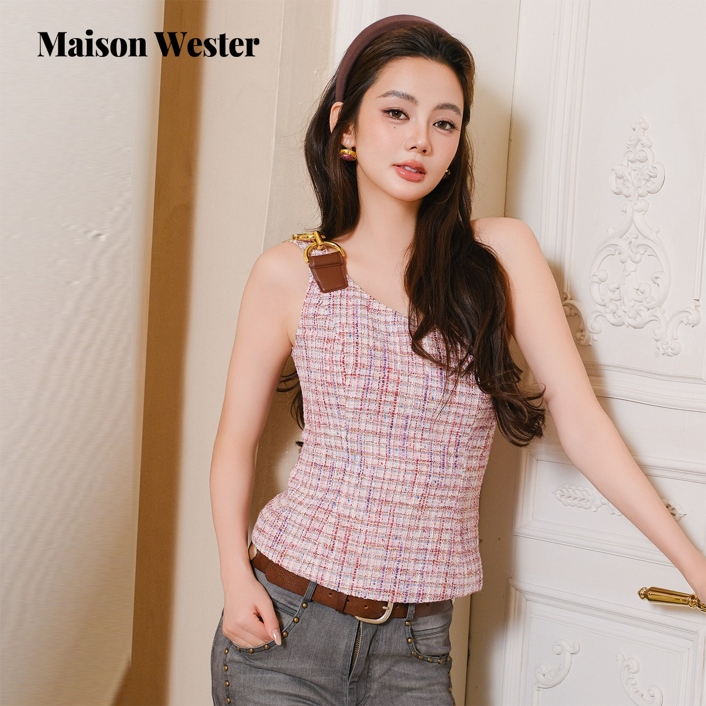 Maison Wester2026春新品粉紫格纹皮质肩带吊带衫上衣
