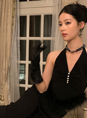 Maison Wester夏季黑色羽毛拼接挂脖露背吊带上衣西装裤子直筒裤