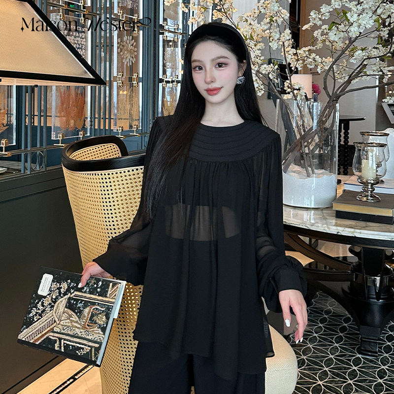 Maison Wester2025春季新款波嬉风气质圆领蕾丝边雪纺纱上衣