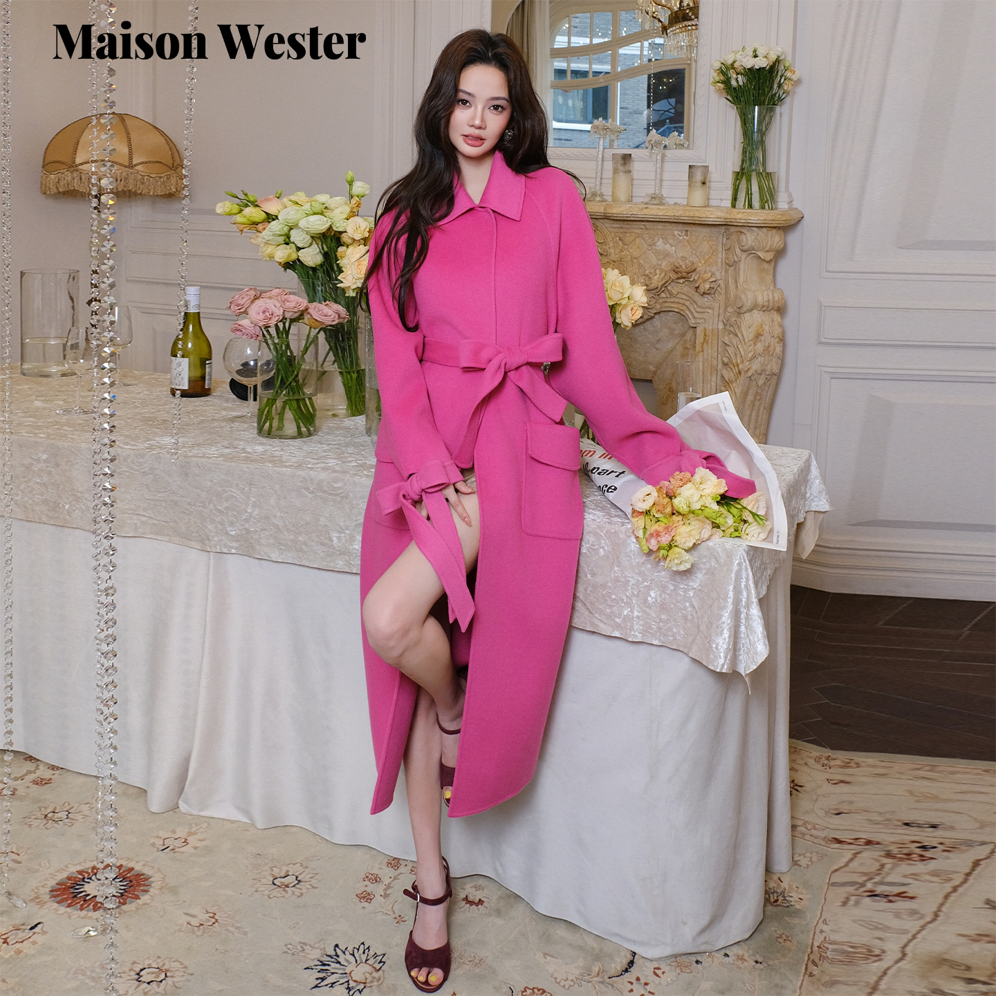 Maison Wester2025冬季新品时尚翻领系带收腰玫红色毛呢长外套