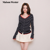 Maison 藏青毛衣白条红边V领单排扣针织开衫 Wester2025年冬季 新品