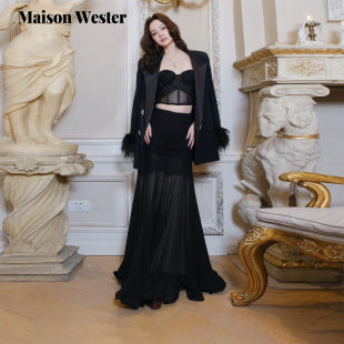 立体裁剪黑色褶皱感纱质鱼尾半裙 欧式 Maison Wester2025年秋新品