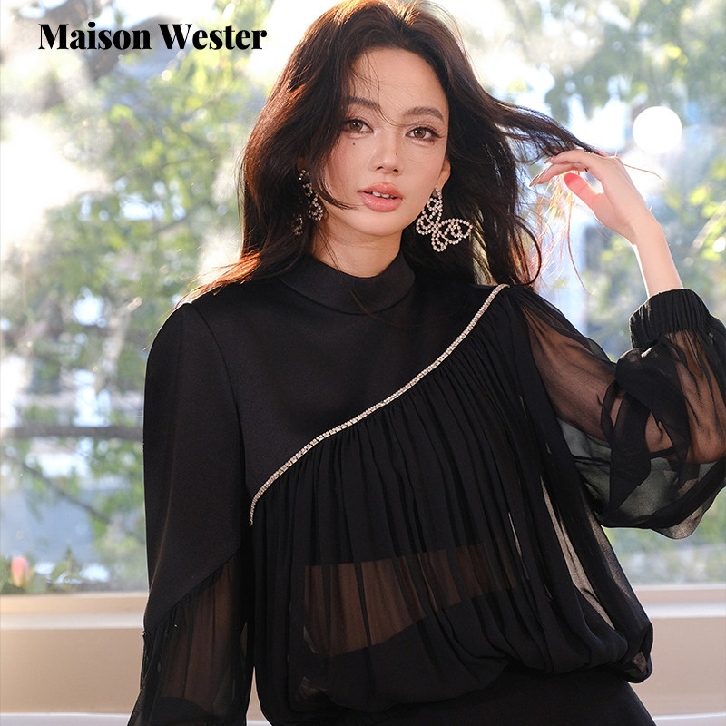 Maison Wester2025夏季新款波嬉风宽松长袖黑色拼接网纱钻链上衣,女装/女士精品,POLO衫,淘宝优惠券,粉丝福利购,淘宝优惠卷