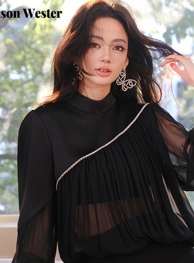 Maison Wester2025夏季新款波嬉风宽松长袖黑色拼接网纱钻链上衣