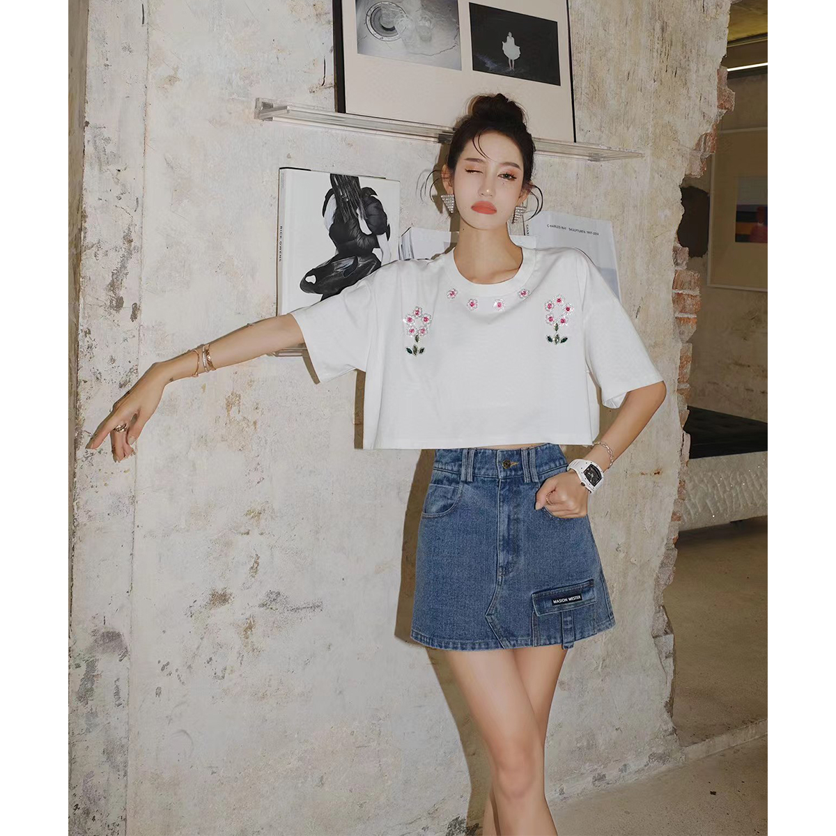 MaisonWester夏季小贴袋牛仔半裙时尚年轻复古高腰短裙可露丽穿搭