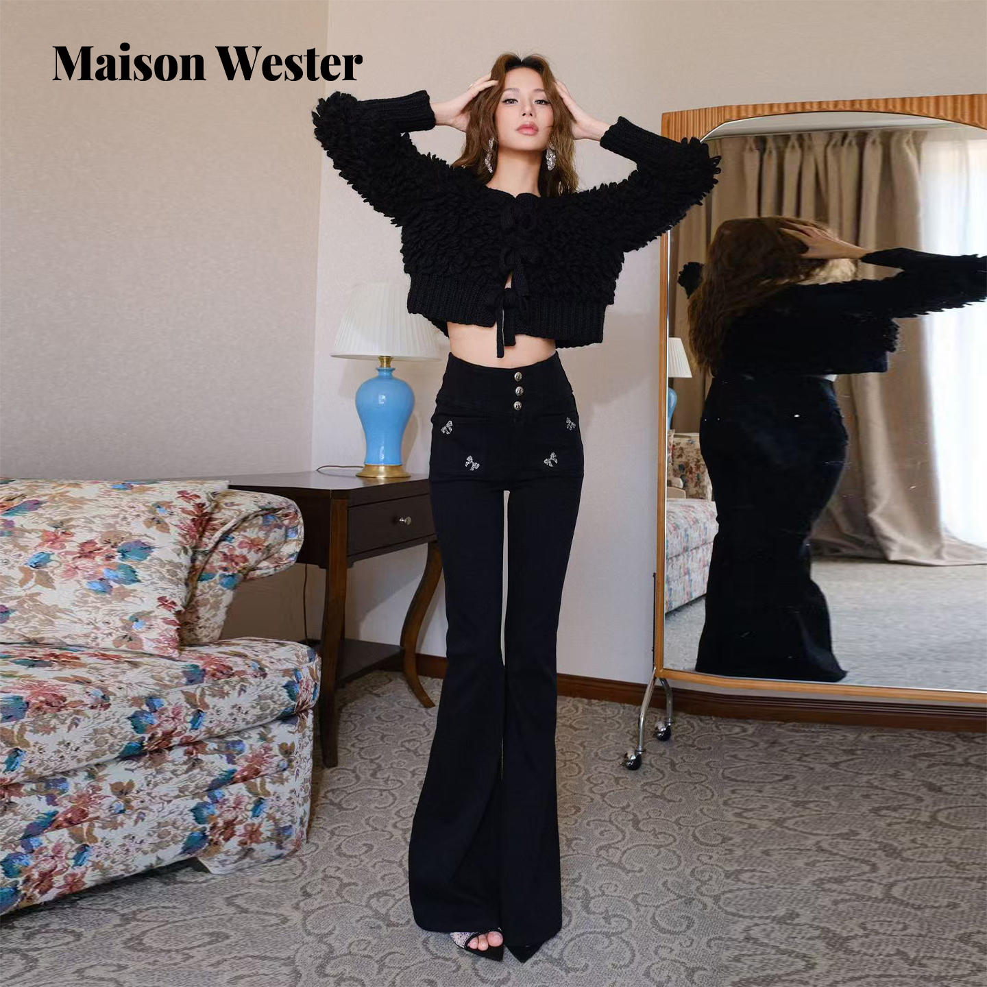 Maison Wester2025冬季新品复古百搭黑色束腰牛仔喇叭长裤牛仔裤