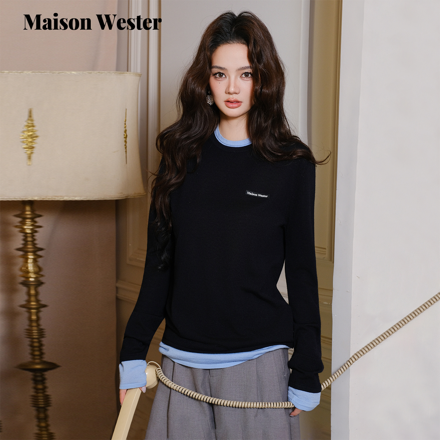 Maison Wester2025年秋季新品假领撞色百搭拼色假两件长袖上衣