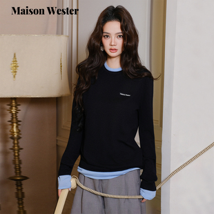 Maison Wester2025年秋季新品休闲风假领打底衫百搭假两件长上衣