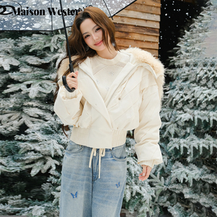 米白披肩外套棕毛领菱格纹短款 新品 羽绒服 Wester2025冬季 Maison