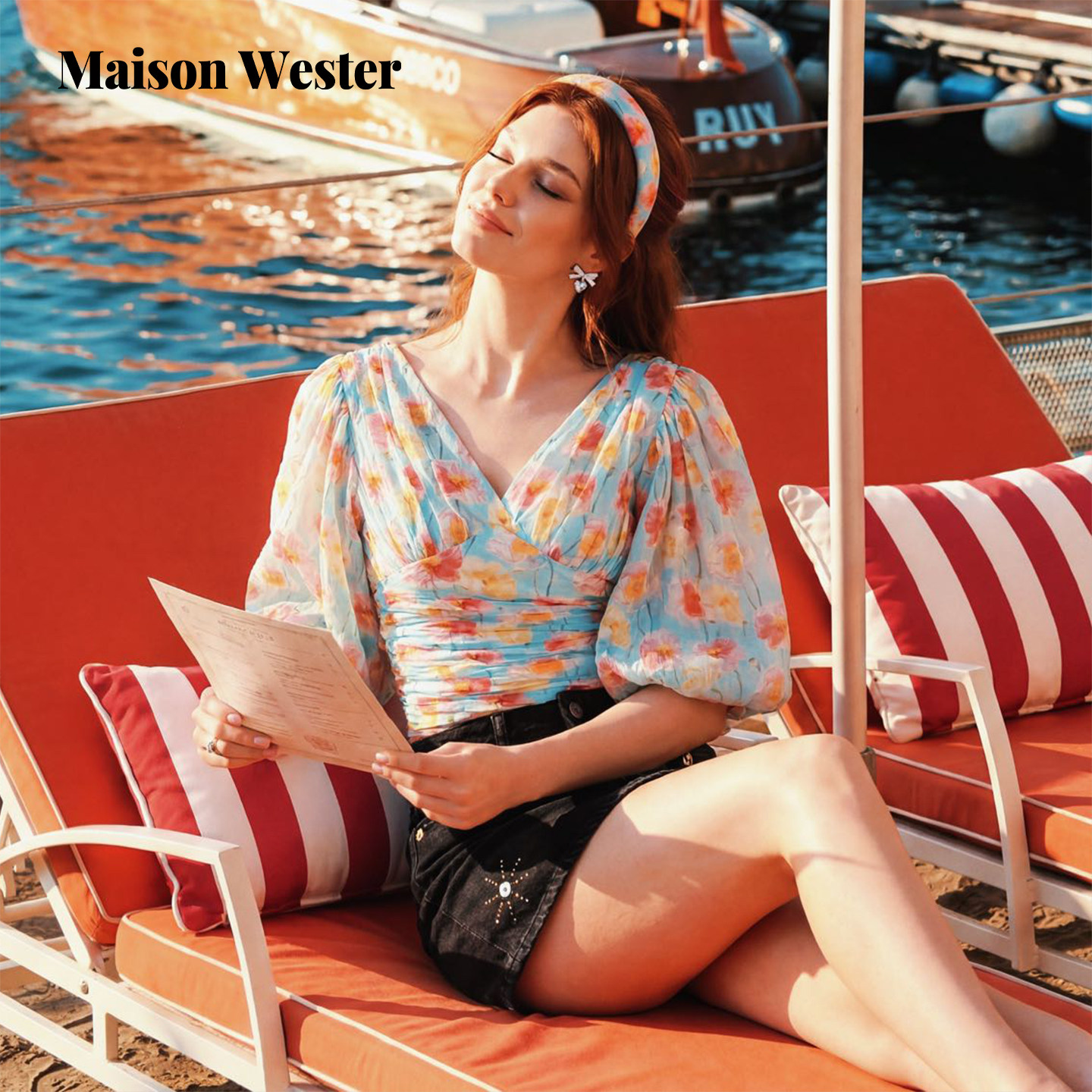 Maison Wester2026夏新品浅蓝碎花泡泡袖收腰上衣牛仔高腰短裙