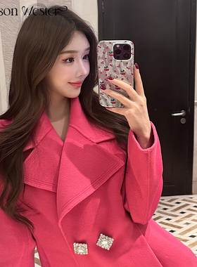 Maison Wester冬季流行女性大领羊毛双面呢钻扣大衣长款通勤外套