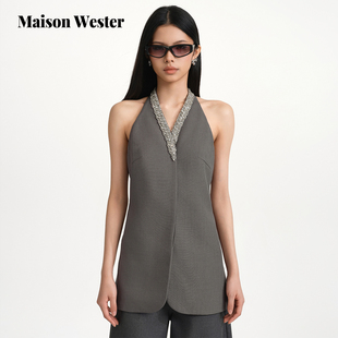 饰无袖 Maison 灰色水钻V领装 新品 气质连衣裙 Wester2025年秋季
