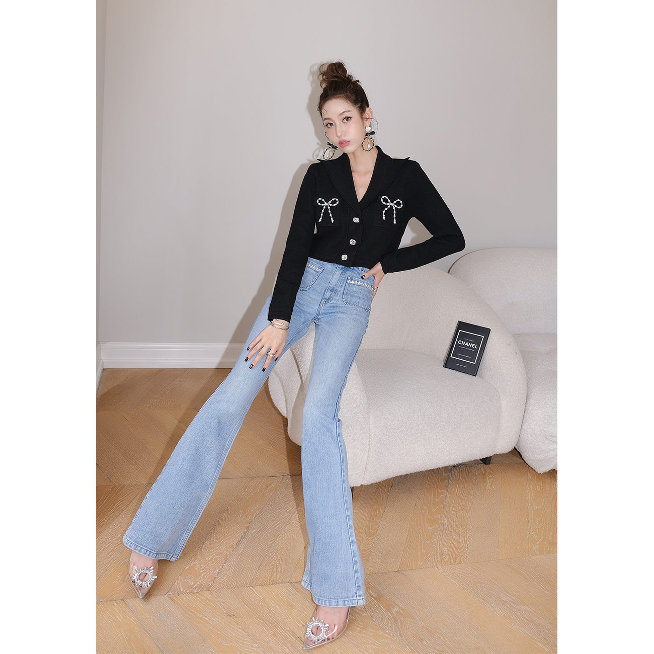 Maison Wester春季时尚口袋钻链牛仔裤时尚显瘦微喇裤可露丽穿搭