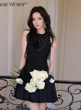 Maison Wester2025春季新款波嬉风黑色钉钻无袖圆领千金风连衣裙