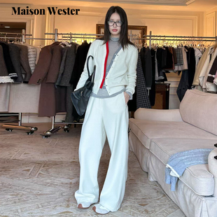 Wester2025年冬季 长裤 新品 子白色毛呢休闲阔腿裤 女 简约裤 Maison