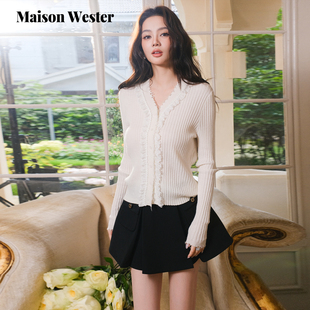 白色竖纹针织开衫 Maison V领流苏边蕾丝修身 新品 Wester2025年秋季