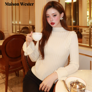 Wester2025冬季 针织衫 新品 饰荷叶袖 立领蕾丝边装 Maison