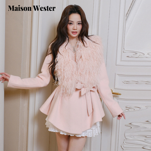 千金风甜美外套羽毛系带粉毛呢大衣 新品 Maison Wester2025年冬季