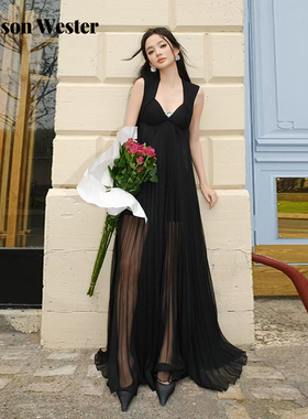 Maison Wester2025夏季新款波嬉风度假风黑色长款百褶无袖连衣裙