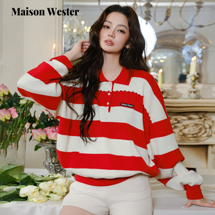 毛衫 Maison 红白条纹撞色Polo领长袖 新品 上衣 Wester2025年冬季